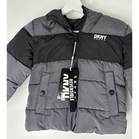 DKNY Jacket Puffer Reversible Boys Black Gray5/6 Charcoal New
